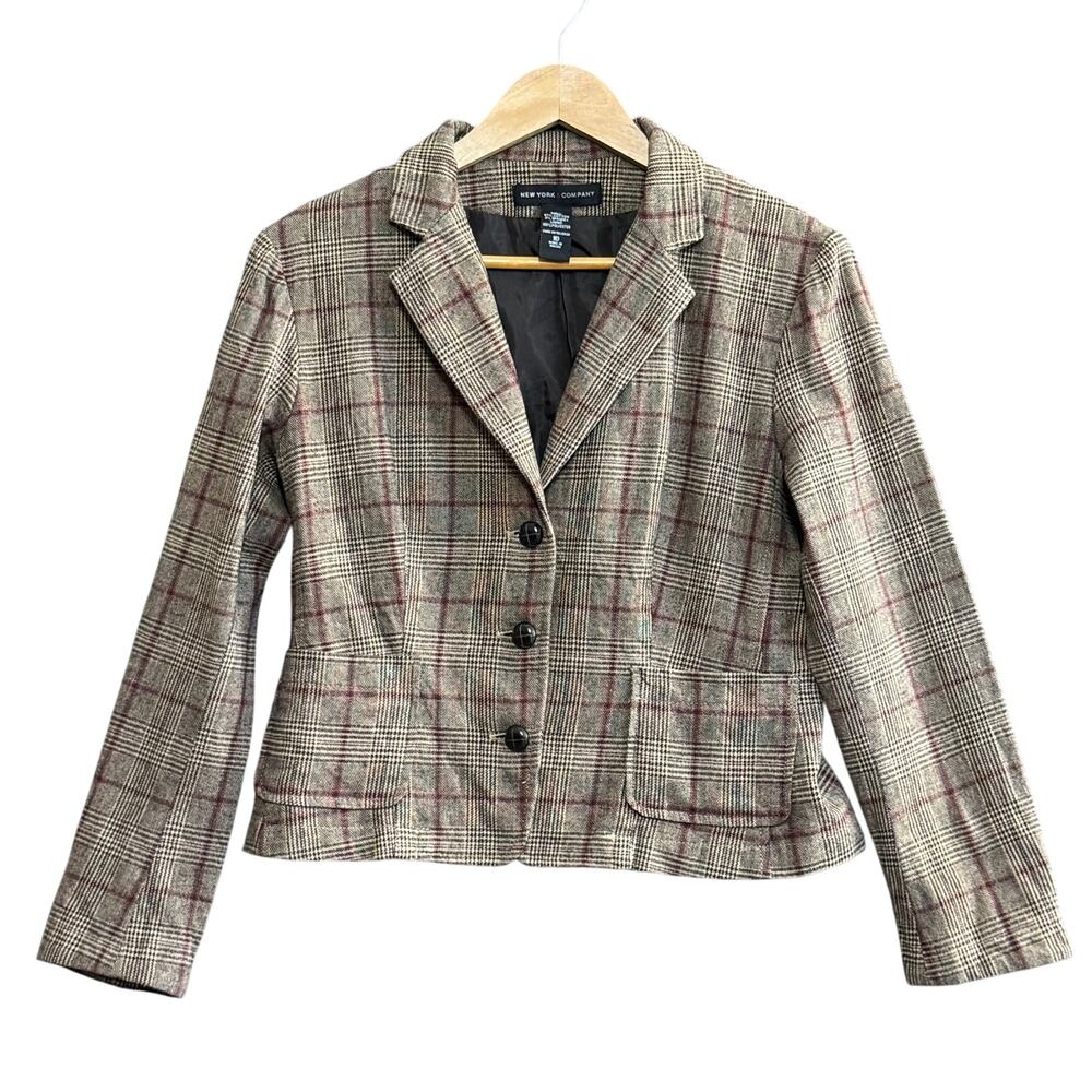 NEW YORK & COMPANY Plaid Houndstooth Blazer Brown Maroon‎ Black 10 Career Jacket
